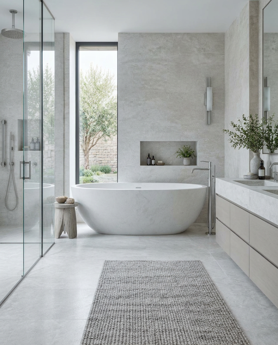 Bright modern bathroom with a freestanding white bath