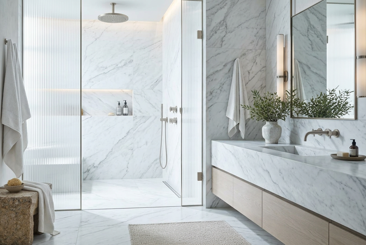 Bright walk-in shower with white marble and chrome fittings