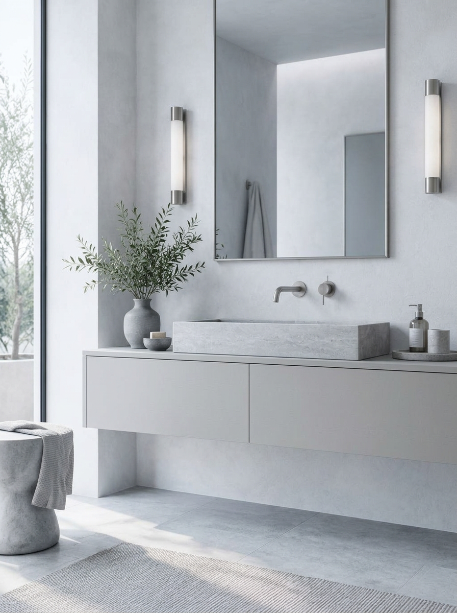 Bright modern vanity with pale stone and brushed nickel fittings